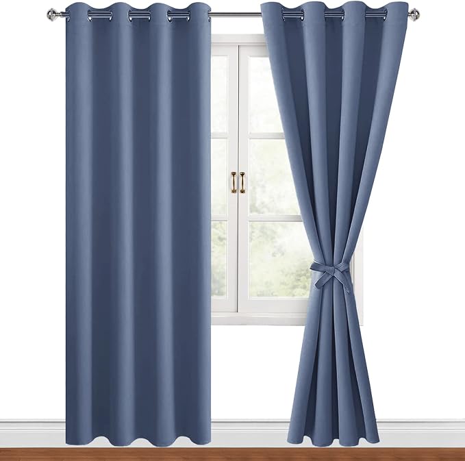 Hiasan Blackout Curtains for Bedroom, 52 x 84 Inches Long - Thermal Insulated & Light Blocking Window Curtains for Living Room/Kids Room, 2 Drape Panels Sewn with Tiebacks, Blue Haze