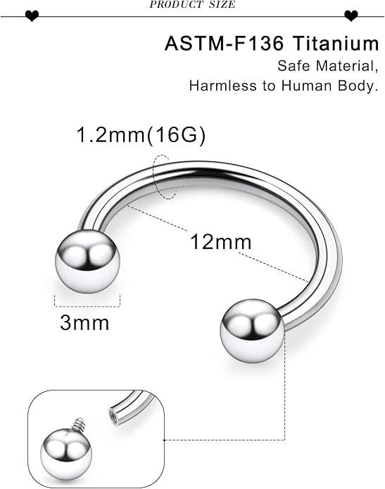 20G 18G 16G 14G 12G 8G 6G 4G 2G ASTM F136 Titanium Internal Thread Horseshoe Septum Ring Jewelry Circular Barbell Helix Snug Tragus Rook Daith Cartilage Earring Lip Ring Piercing Jewelry