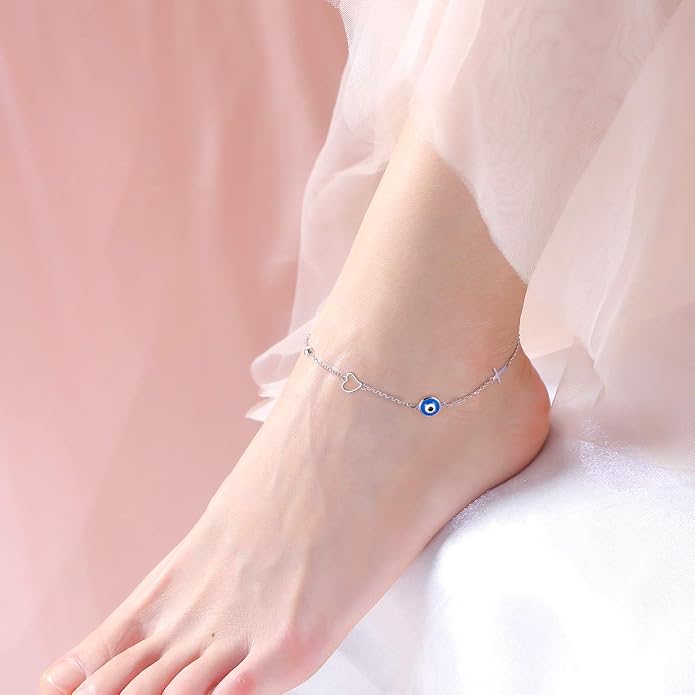 FLYOW S925 Sterling Silver Anklet for Women Summer Boho Beach Charm Adjustable Foot Ankle Bracelet Jewelry Birthday Gift