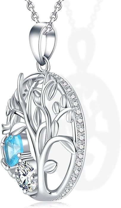 Tree of Life Birthstone Necklace for Women 925 Sterling Silver Birthstone Pendant 12 Months Necklaces with Zircon Birthday Gifts for Women, Mom, Grandma Cable Chain 18"+2"