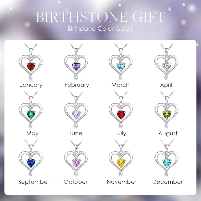 Birthstone Necklace for Women, 18K White Gold Heart Necklace Filled 925 Sterling Silver, Diamond Womens Jewelry Christmas Gifts for Women Wife