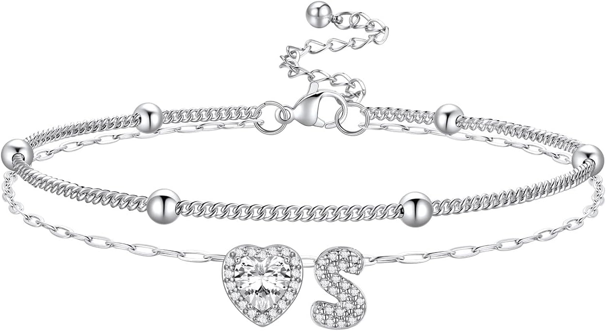 Bestyle Initial Anklet Bracelets for Women Waterproof Non Tarnish 14K Gold/White Gold Plated CZ Anklets for Women Dainty Layered Letter Heart Ankle Bracelets Adjustable Foot Chain Anklet