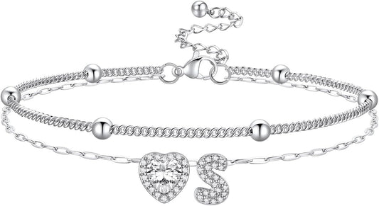 Bestyle Initial Anklet Bracelets for Women Waterproof Non Tarnish 14K Gold/White Gold Plated CZ Anklets for Women Dainty Layered Letter Heart Ankle Bracelets Adjustable Foot Chain Anklet