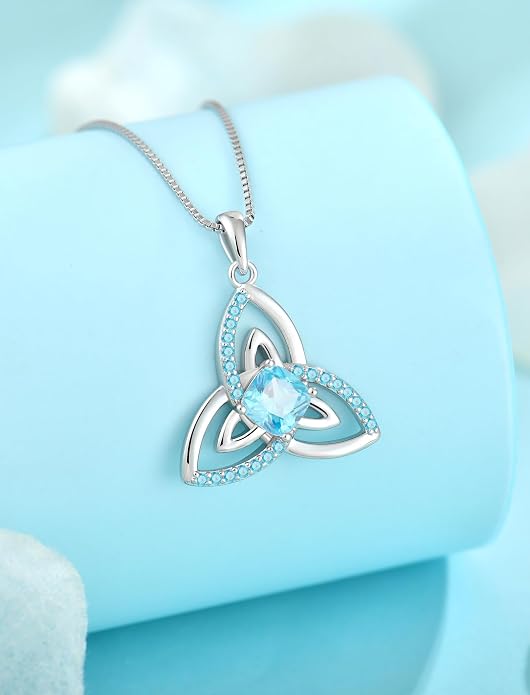Celtic Birthstone Necklace for Women 925 Sterling Silver Trinity Knot Triquetra Crystal Pendant