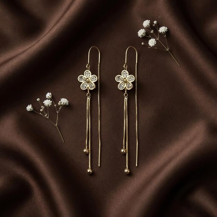 14K Gold Plated Flower Dangle Earrings for Women, Hypoallergenic Cubic Zirconia Long Threader Chandelier Earrings, Elegant Crystal Jewelry for Wedding Bridal Prom Party Gifts