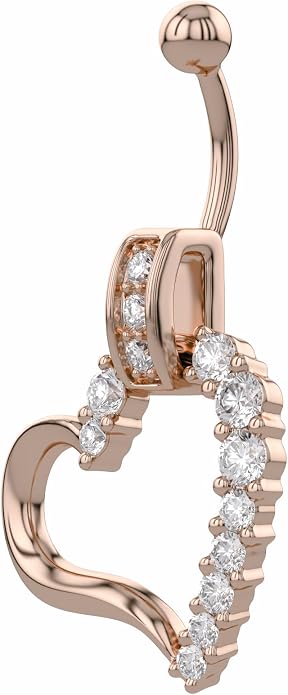 AFFY Women's Heart Charm Belly Ring with Round White Cubic Zirconia in 14K Gold Plated 925 Sterling Silver, Dangle Navel Piercing Jewelry for Her