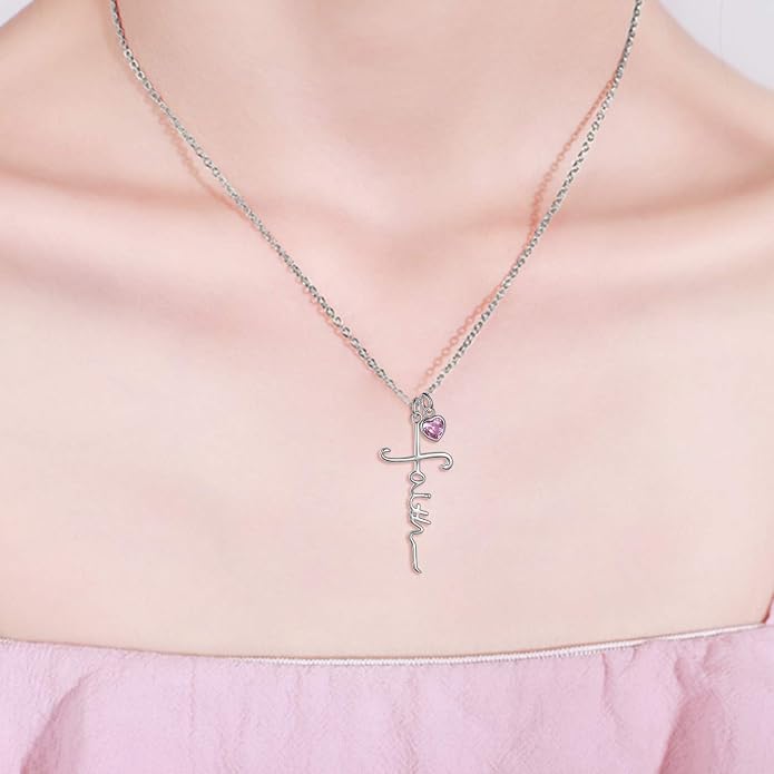 Faith Cross Necklace For Women Birthstone Sterling Silver with Simulated Birthstone Cross Jewelry Christian Gifts