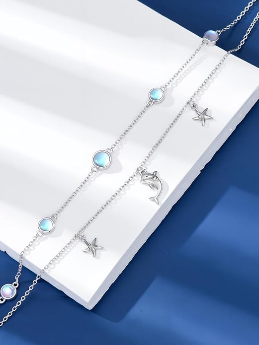 Wave/Dolphin Bracelet/Sea Turtles Anklet 925 Sterling Silver Adjustable Moonstone Bracelet/Anklet Summer Ocean Jewelry Gifts for Women