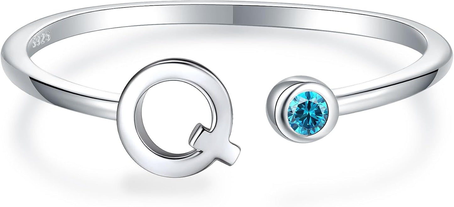 925 Sterling Silver Initial Letter Birthstone Rings for Women Adjustable 1-12 Month Birthstone Alphabet Stacking Ring for Teens Girls Stackable Birthstone Rings Birthday Jewelry Gift for Daughter Mom