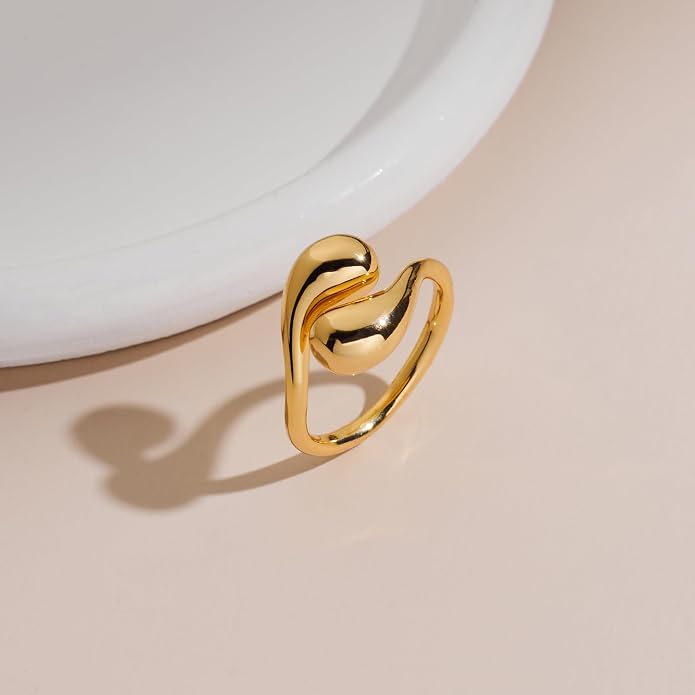 WOWORAMA Chunky Teardrop Rings for Women Silver Gold Bypass Dome Rings Thick Statement Open Adjustable Rings Simple Waterdrop Stackable Band Rings