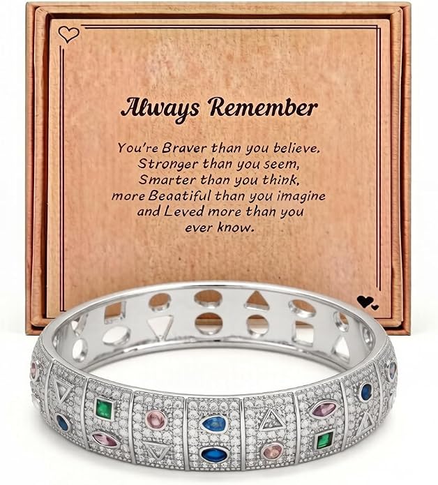 Gold Silver Plated Inspirational Cuff Bangle Bracelets for Women, Multicolor Crystal Statement Jewelry with Gift Box, Encouraging Bracelet Gift for Her Birthday Christmas