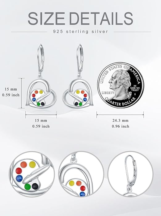 Midari Heart Dangle Earrings 925 Sterling Silver Leverback Drop Earrings Teacher Music Art Jewelry Gifts for Women Students Apple/Guitar/Palette/Note Design