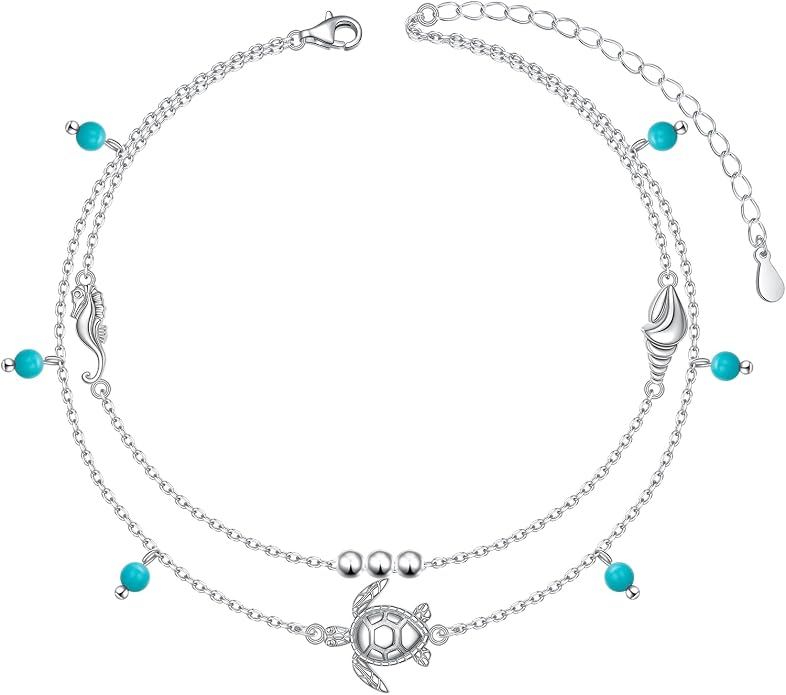 Flyow Anklet for Women S925 Sterling Silver Adjustable Foot Beaded Heart Charm Ankle Bracelet Anklets Jewelry