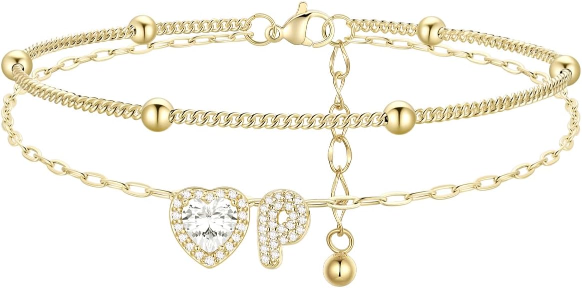 FindChic Silver/14K Gold Plated Layered CZ Initial Ankle Bracelet for Women | Waterproof Stainless Steel, Cubic Zirconia Letter Charm, Non-Tarnish, Hypoallergenic, Adjustable Extender, Summer Jewelry