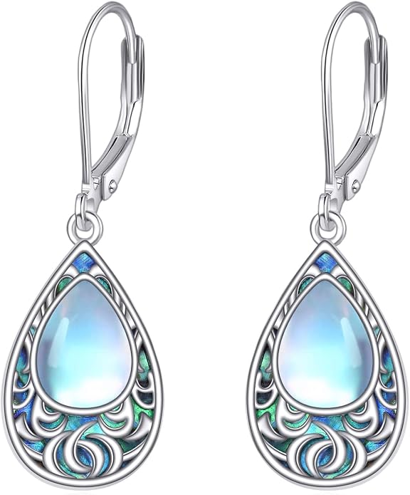 POPLYKE Filigree Moonstone Dangle Earrings 925 Sterling Sliver Teardrop Celtic Earrings Abalone Shell Filigree Jewelry for Women