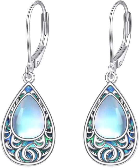 POPLYKE Filigree Moonstone Dangle Earrings 925 Sterling Sliver Teardrop Celtic Earrings Abalone Shell Filigree Jewelry for Women