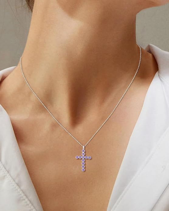 925 Sterling Silver 18 inch Birthstone Cross Pendant Necklace for Women Men
