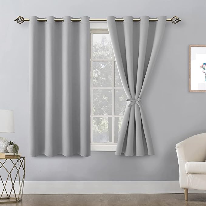 Hiasan Blackout Curtains for Bedroom, 52 x 54 Inches Long - Thermal Insulated & Light Blocking Window Curtains for Living Room, 2 Drape Panels Sewn with Tiebacks, Silver Grey