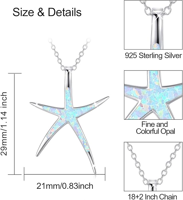 Cuoka Starfish Necklace, 925 Sterling Silver with Opal, Hawaiian Beach Nautical Ocean Pendant, Starfish Jewelry Opal Jewelry Valentine for Women Girlfriend