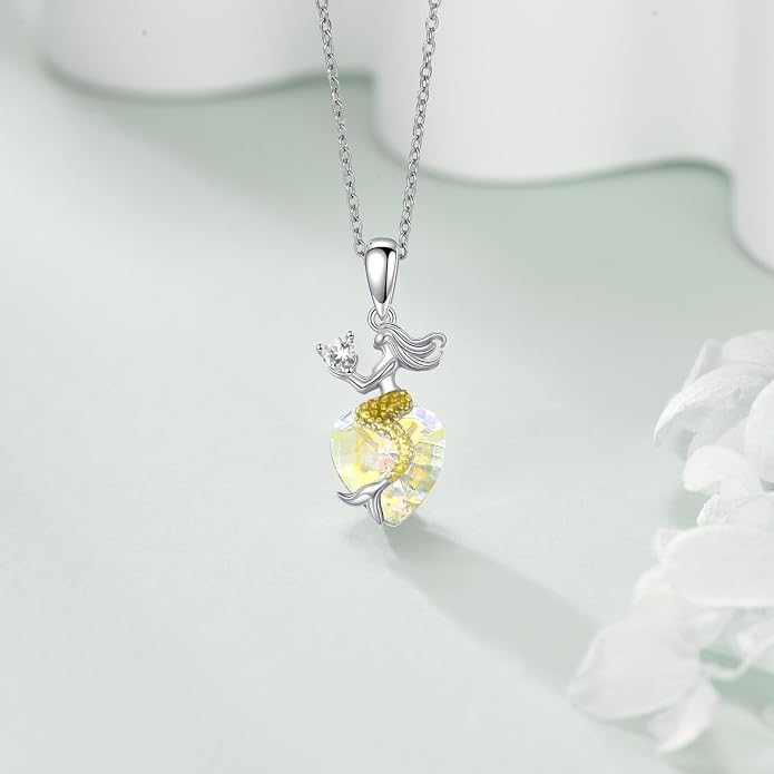 Mermaid Birthstone Necklace for Women 925 Sterling Silver Jewelry Austrian Crystal Pendant Christmas Gifts for Her
