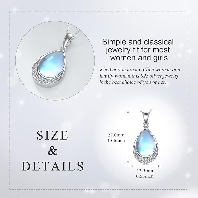 YAFEINI 925 Sterling Silver Moonstone Necklace Filigree Teardrop Pendant Necklace Jewelry for Women Girls