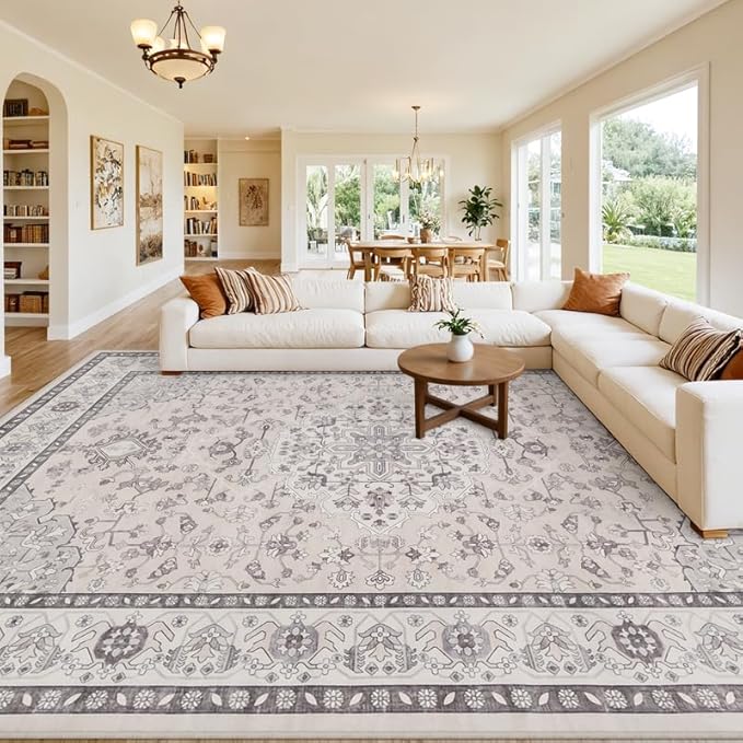 10x12 Area Rug for Living Room: Vintage Boho Neutral Washable Rug Indoor Soft Large Area Rug Carpet for Bedroom Nursery Farmhouse Dining Room Office Floor Non-Slip Low Pile Under Table Beige & Grey