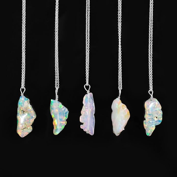 Ultra Fire Raw Ethiopian Opal Rough Dainty Pendant Necklace For Women, Healing Chakra Crystals, Handmade October Birthstone Jewelry, 925 Silver Chain 18 inch, Wedding Gift