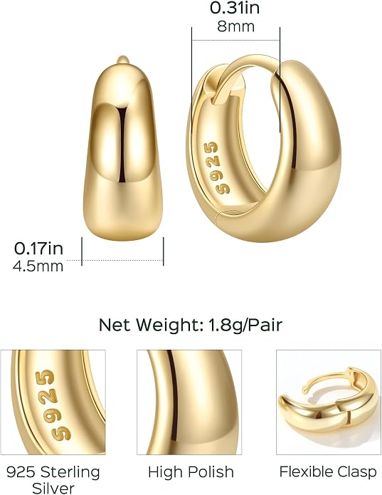 ChicSilver Solid 925 Sterling Silver Chunky Hoop Earrings for Women, Silver Small Thick Huggie Earrings Hypoallergenic Lightweight Silver Hoop Earrings for Sensitive Ears (8/10/12/14mm)