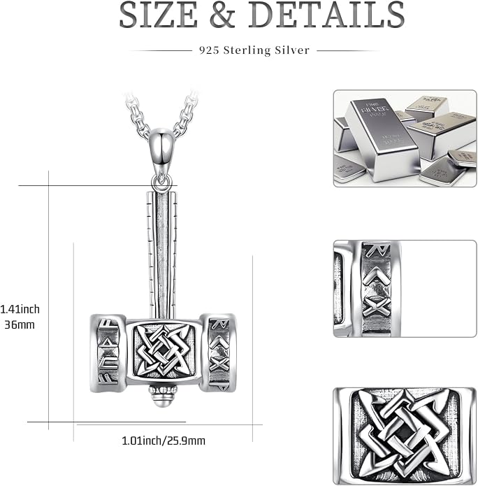 Thor's Hammer Talisman Necklace - S925 Sterling Silver Viking Amulet Pendant - Norse Compass/Odin Celtic Pagan Symbol Jewelry Gifts for Men Women