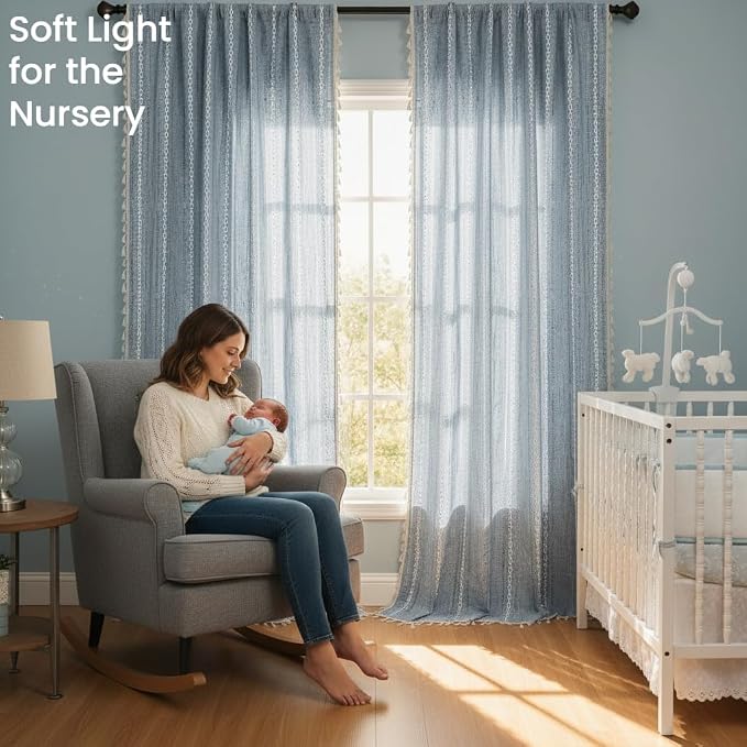 ColorBird Blue Boho Curtains Linen-Textured for Living Room Bedroom Light Filtering 84 Inches 2 Panels Farmhouse Embroidered Striped Curtains & Drapes for Nursery Dining Room Closet Window Treatments
