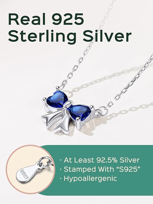 ChicSilver Bow and Cat Birthstone Necklace, 925 Sterling Silver Pendant Necklaces for Women, Hypoallergenic Silver Choker with 16 inch Rolo Chain, 12 Months Jewelry for Valentines Mothers Day Christmas