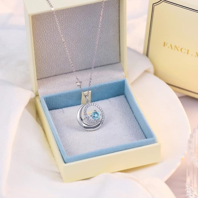 FANCIME Birthstone Necklaces 925 Sterling Silver Moon and Star Pendant Fine Jewelry Birthday Mothers Day Gifts for Mom Wife Her Daughter, Adjustable Chain 16+2"