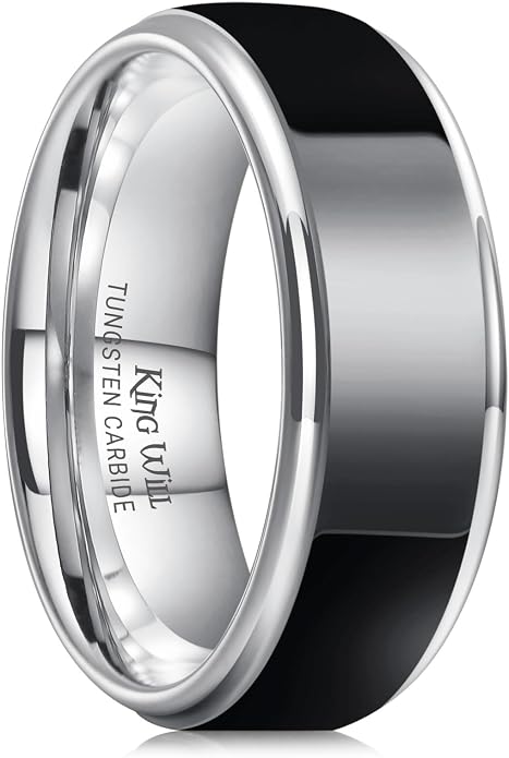 King Will 8mm Black Silver Mens Polished Tungsten Wedding Rings High Polish Surface Wedding Band Blue Silver Step Edge Comfort Fit