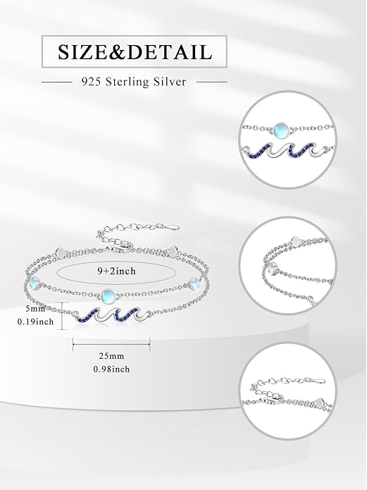 Wave/Dolphin Bracelet/Sea Turtles Anklet 925 Sterling Silver Adjustable Moonstone Bracelet/Anklet Summer Ocean Jewelry Gifts for Women