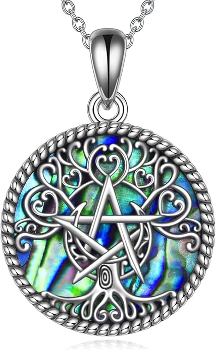YFN Triple Moon Goddess Necklace Sterling Silver Pentagram Pentacle Opal Pendant necklace Pagan Wiccan Magic Amulet Tree of Life Jewelry for Women Men 18"