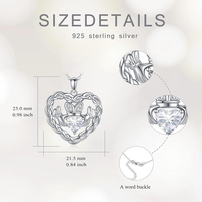 Birthstone Claddagh Heart Necklace 925 Sterling Silver Heart Celtic Knot Claddagh Necklace Pendant Irish Jewelry Gifts for Women Mom Wife Sister Christmas Birthday,18+2 inch
