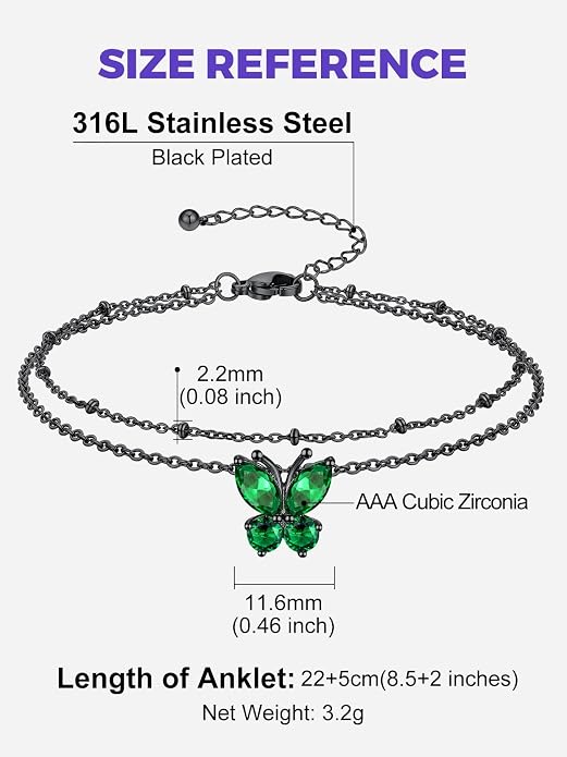 Richsteel Double Layer Heart/Butterfly Birthstone Anklet for Women Non Tarnish Waterproof, Silver/Gold/Black Stainless Steel 8.5-10.5 Inch Adjustable Chain Anklets Jewelry Gifts for Her