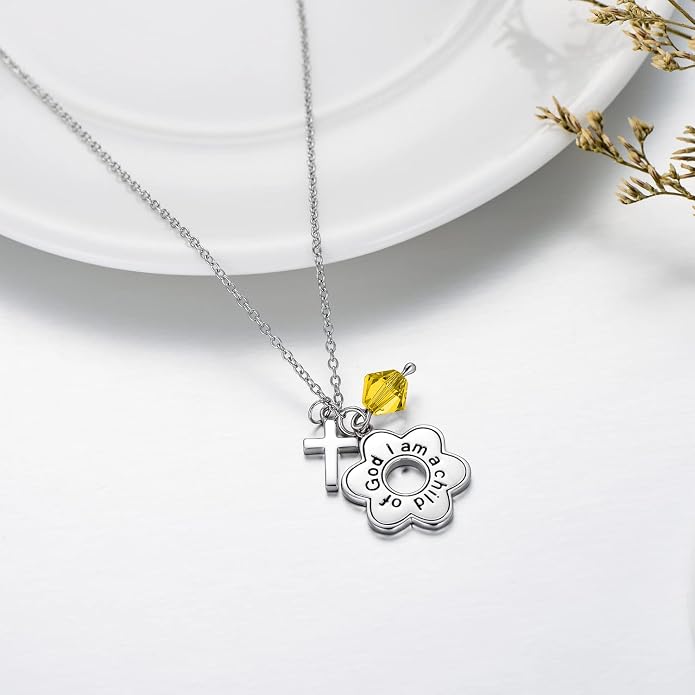 AOBOCO 925 Sterling Silver I Am a Child of God Daisy Necklace Jewelry Birthday Birthday Baptism Communion Gifts for Girls