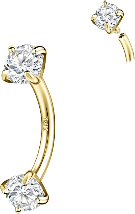 SYLWIA 14K Real Gold Eyebrow Rings, 16G Internal Thread Rook Piercing Jewelry, Diamond CZ - 3MM, Solid Gold Belly Rings Eyebrow Piercing Jewelry for Women