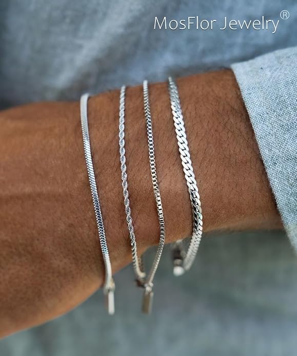 Mens Bracelet - Dainty Gold/Silver Chain Bracelet Stack 14K Gold Plated Silver Bracelets for Men Stainless Steel Adjustable Cross Charm Cuban Link Bracelet Snake Jewelry Set to Men Dad Birthday Day