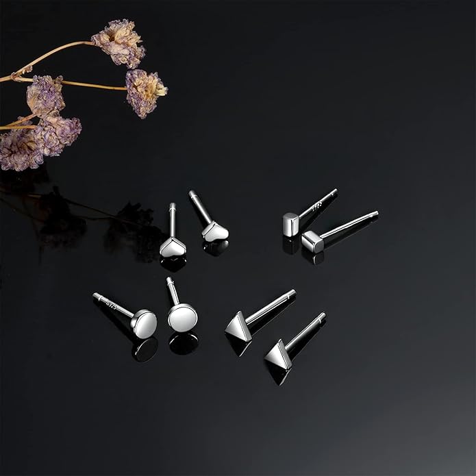 EPIRORA Sterling Silver Stud Earrings for Women Men- 4 Pairs of Hypoallergenic Simple Geometric Small Stud Earring Set Tiny Circle Triangle Square Bar Stud Earrings Mini Cartilage Tragus Earrings
