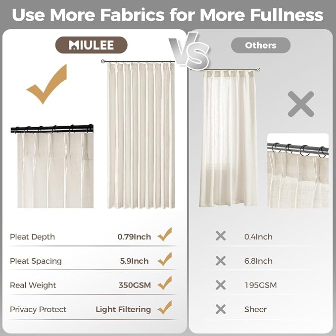 MIULEE Pinch Pleated Thick Linen Curtains 102 Inches Long 2 Panels for Living Room Bedroom, Linen Texture Pleat Drapes Memory Trained Light Filtering Neutral Ivory Cream Farmhouse Window Curtains