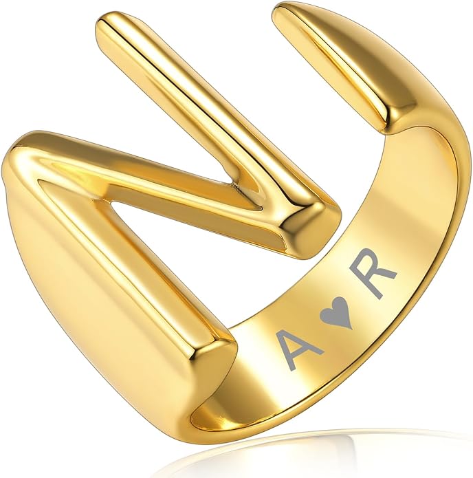 KeyStyle Bold Initial Letter Rings Adjustable, GoldChic Jewelry Women Gold Statement Ring Personalized Engraved Women’s Open Signet Ring for Party (Gold, White Gold, Black)