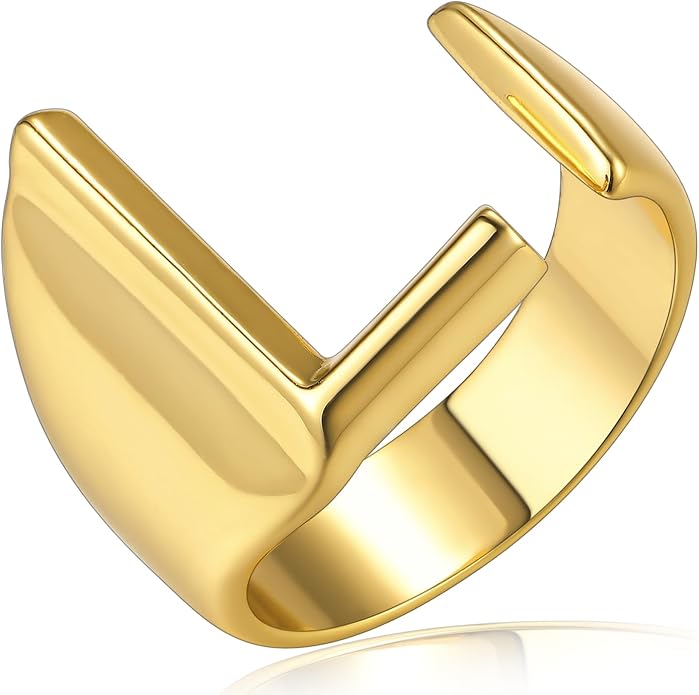 KeyStyle Bold Initial Letter Rings Adjustable, GoldChic Jewelry Women Gold Statement Ring Personalized Engraved Women’s Open Signet Ring for Party (Gold, White Gold, Black)