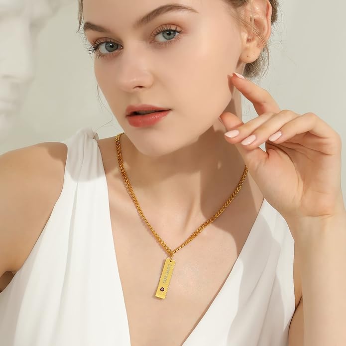 GOLDCHIC JEWELRY Personalized Birthstone Name Necklaces for Men Women, Engraved Family Names Necklace with Birthstone Vertical Bar Necklace, Pendant for Husband/Father/Grandma/Wife Birthday Gifts
