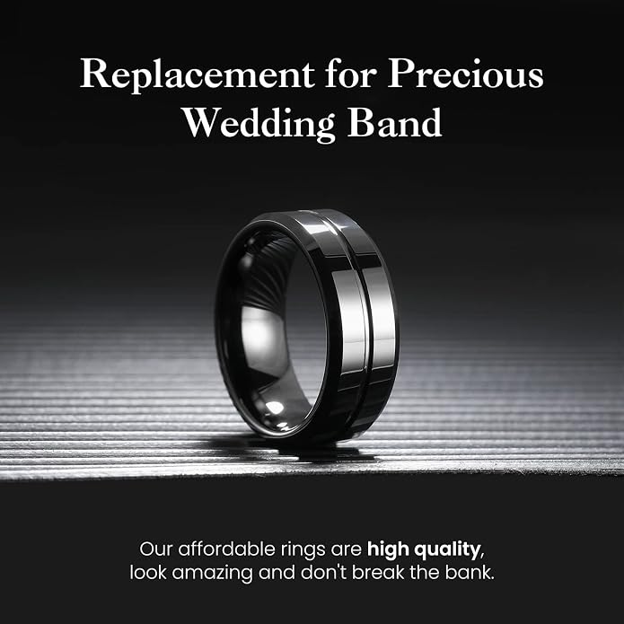 King Will Mens 8mm Rose Gold Groove/Gold Loop/Black Cross Groove Tungsten Carbide Wedding Ring Line Flat Pipe Cut Brushed Polished Comfort Fit 7-14