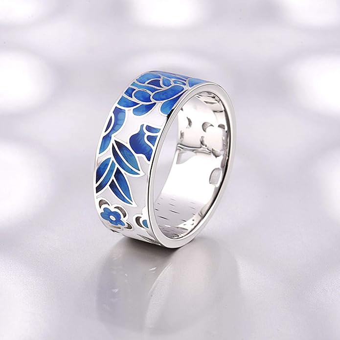 Santuzza 925 Sterling Silver Enamel Flower Pattern Ring for Women