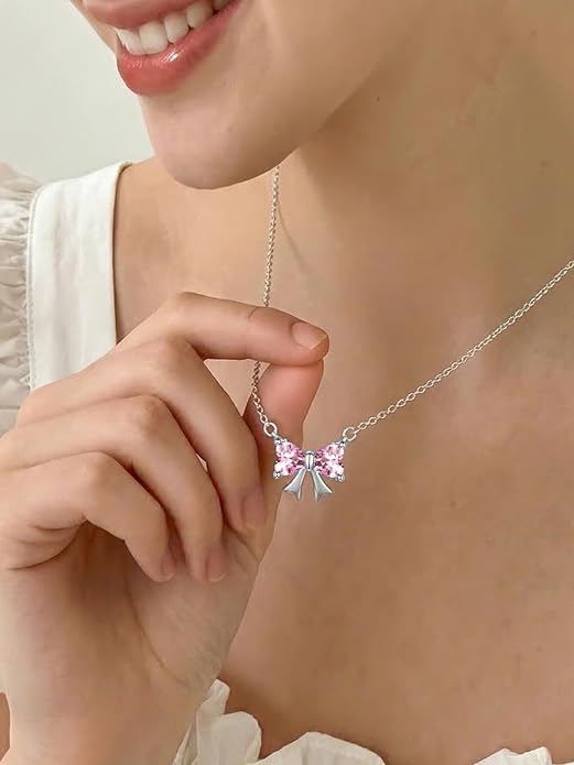ChicSilver Bow and Cat Birthstone Necklace, 925 Sterling Silver Pendant Necklaces for Women, Hypoallergenic Silver Choker with 16 inch Rolo Chain, 12 Months Jewelry for Valentines Mothers Day Christmas