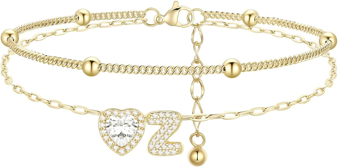 FindChic Silver/14K Gold Plated Layered CZ Initial Ankle Bracelet for Women | Waterproof Stainless Steel, Cubic Zirconia Letter Charm, Non-Tarnish, Hypoallergenic, Adjustable Extender, Summer Jewelry