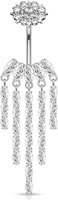 Forbidden Body Jewelry Surgical Steel Dangle Belly Button Ring with Drop CZ Chandelier & Internally Threaded CZ Flower Top